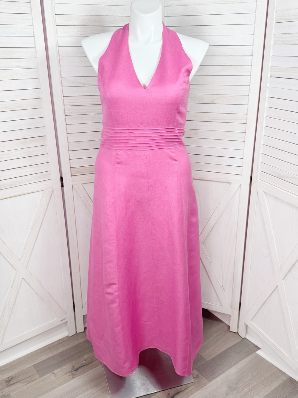 Jessica Howard Linen Blend Pleat Waist‎ Open Back Halter Maxi Dress Pink 14